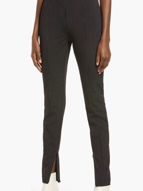 High-Rise Black Pinstripe Skinny Pull-On Pants with Front Slits